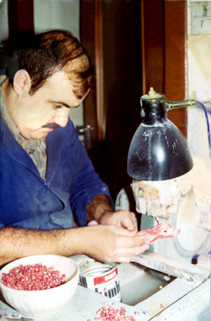 Vincenzo Del pezzo preparando una rama de coral bruto para realizar una estatua